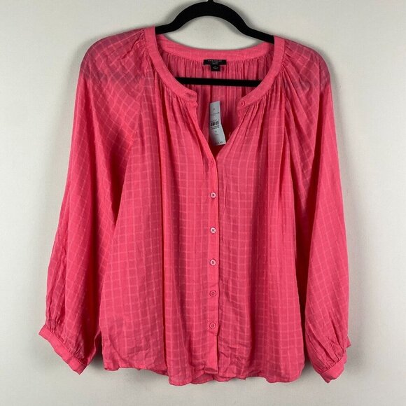 Ann Taylor Factory Shirt Size Petite Medium Pink Button Up Split Neck Sheer - Picture 1 of 10